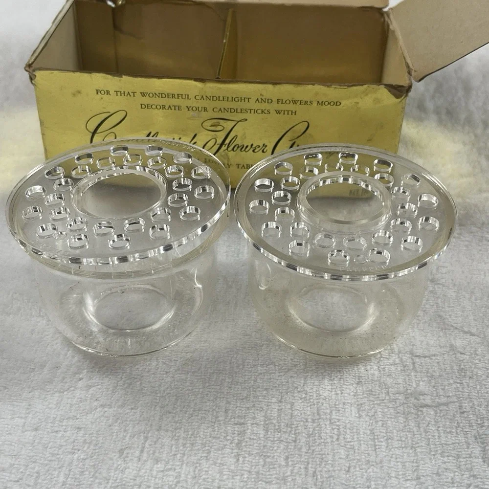 Vtg MCM Clear Plastic Candlestick Flower Arrangers Set of Two in Box